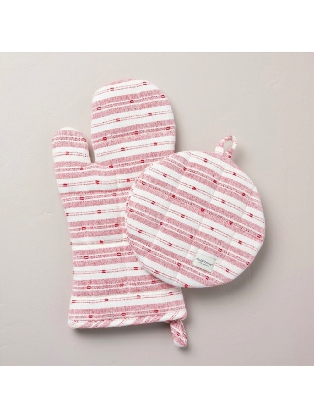 Hearth & Hand Magnolia 2pc Textured Stripe Oven Mitt & Potholder Set Red/Cream